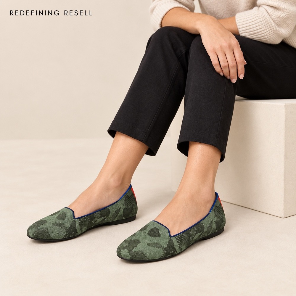 Rothys The Loafer Olive Camo Green Knit Round Toe Flats Shoes Womens 9
